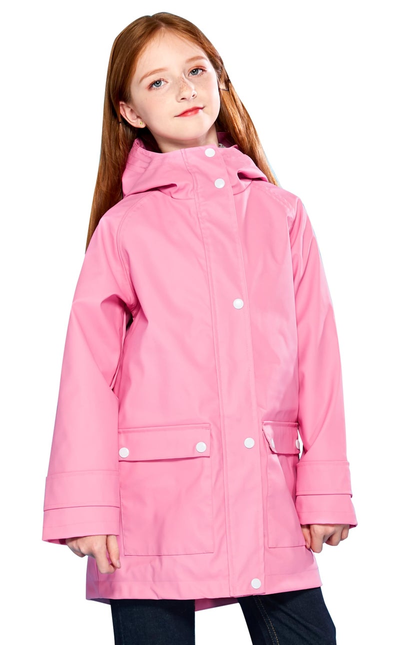SOLOCOTE Kids Rain Jacket Hooded Lined Rubber RainCoats for Girls Boys Waterproof Windproof, 180806 Fuchsia B 5-6Y - Image 1